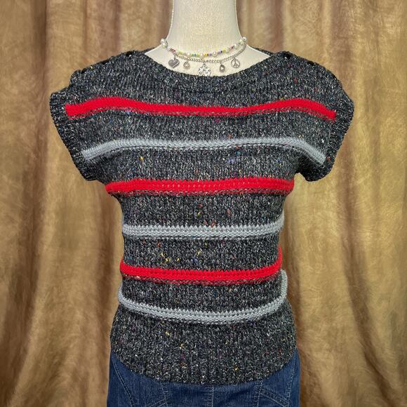 Joyce Sweaters - Vintage Sleeveless Sweater 80s Knit Striped Gray Red Acrylic Skater Academia
